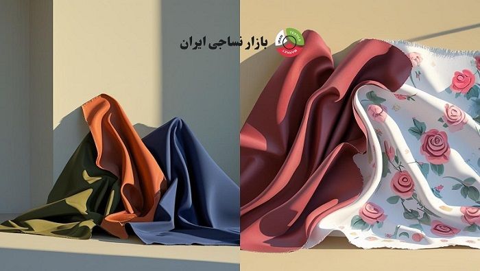 مقایسه تصویری پارچه‌های مانتویی رنگی با ایستایی مناسب در کنار پارچه‌های ملحفه‌ای نرم و گل‌دار برای تولید مانتو و سرویس خواب